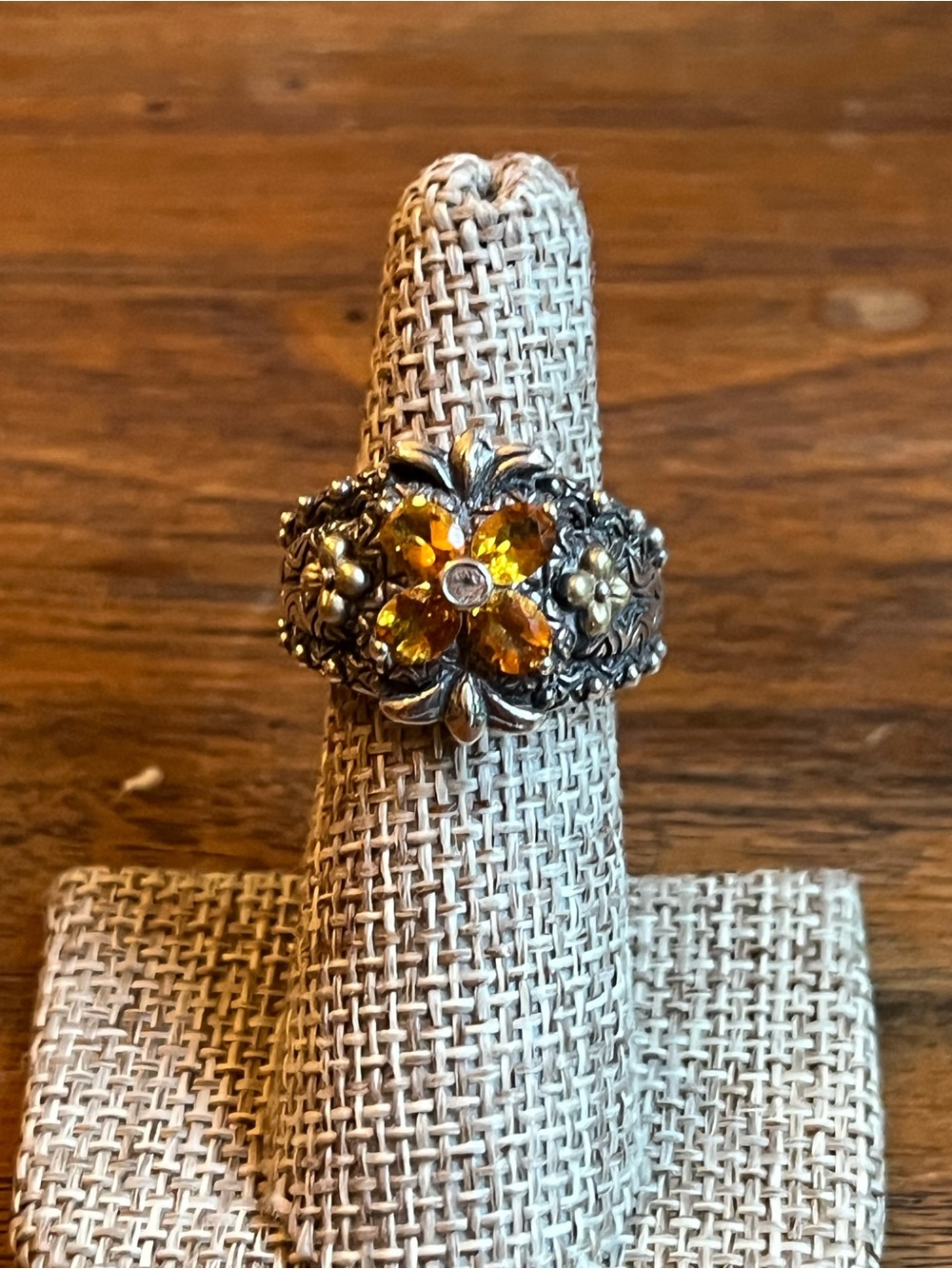 Vintage Barbara Bixby Sterling-Style & 18KT Gold Floral Citrine Ring